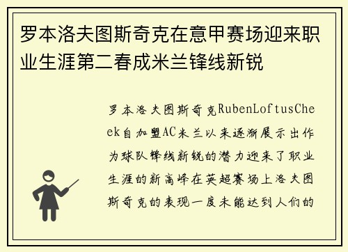 罗本洛夫图斯奇克在意甲赛场迎来职业生涯第二春成米兰锋线新锐